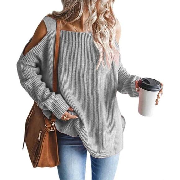Women's Cold Shoulder Oversized Sweaters Grey Batwing Long Sleeve Top - Picture 1 of 4